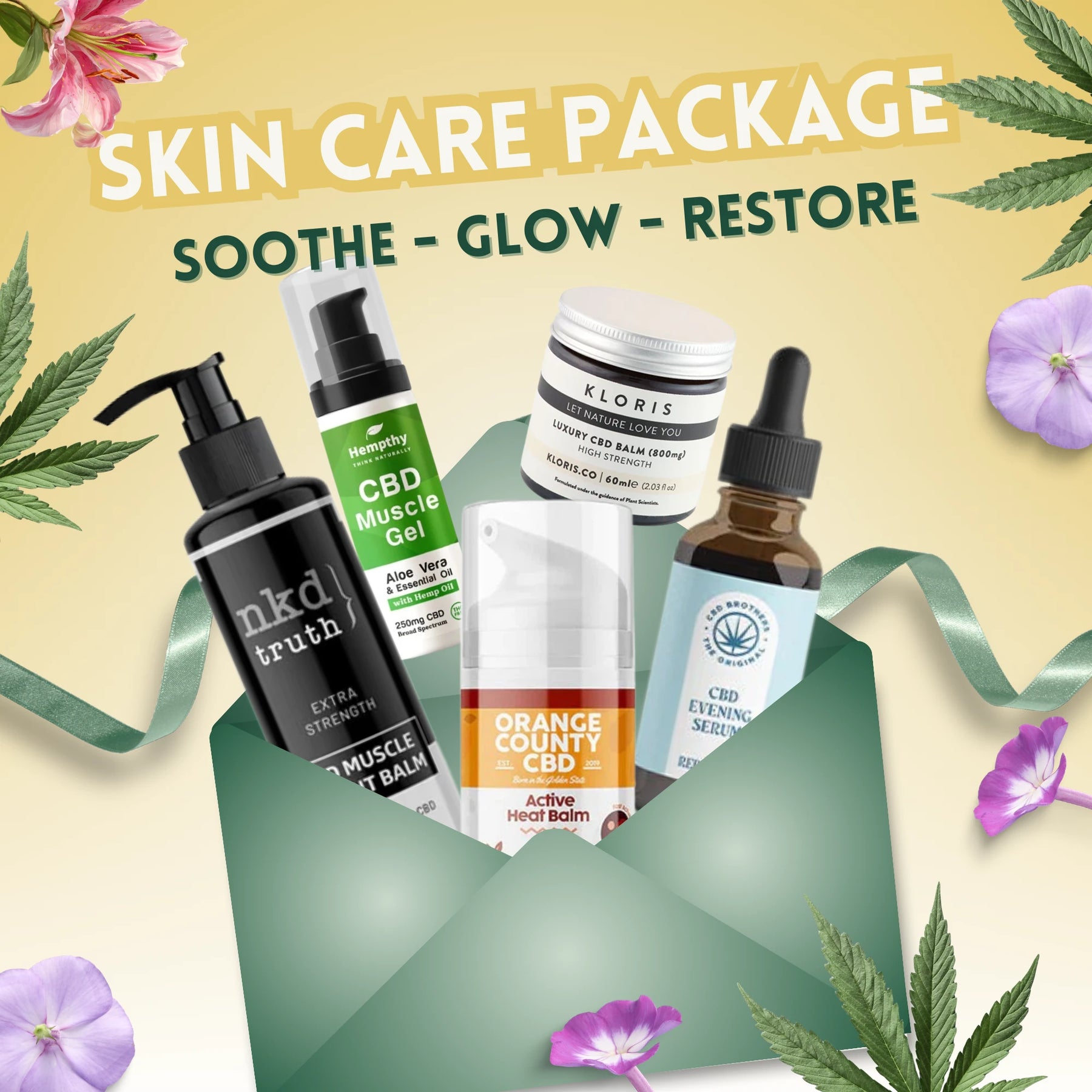 Collection of CBD skincare products with decorative elements on a light yellow background.