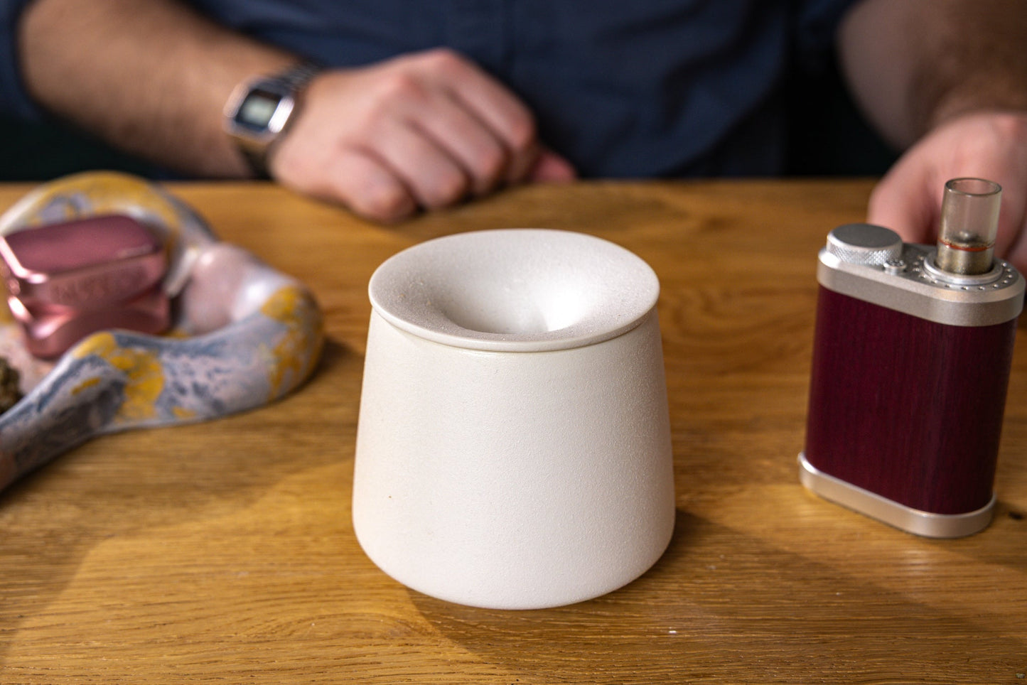 White ceramic dry herb vape AVB ashtray with lid