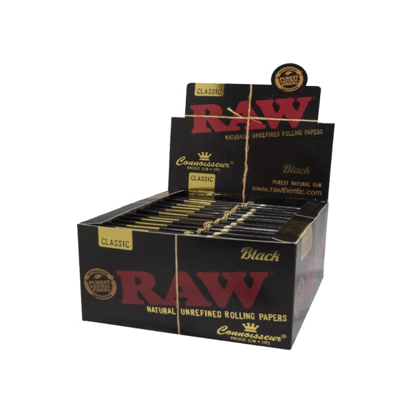 24 Raw Black Classic King Size Slim Connoisseur Rolling Papers + Tips - The CBD Hut