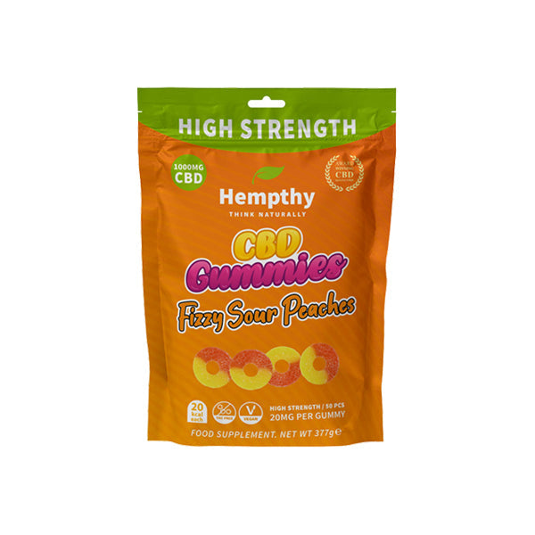 Hempthy 1000mg CBD Fizzy Sour Peach Rings Gummies - 50 Pieces - The CBD Hut