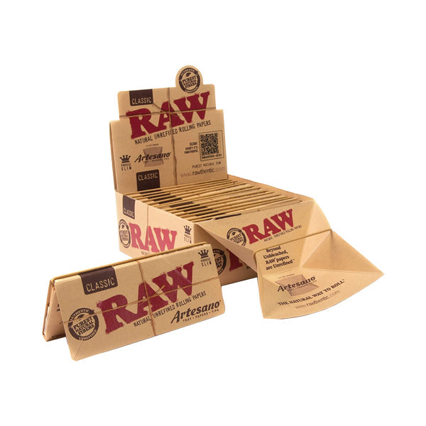 15 Raw Classic Artesano King Size Slim Rolling Papers + Tray & Tips - The CBD Hut